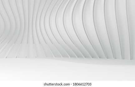 Abstract white background with waves lines. 3d rendering of building. Modern architecture interior design. Futuristic technology concept and minimal geometric shapes.