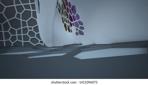 Abstract white, black and colored gradient glasses interior multilevel public space with window. 3D illustration and rendering.