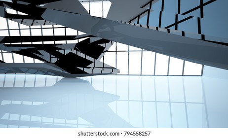 Abstract white and black interior  with window. 3D illustration and rendering.