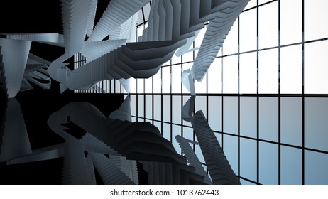 Abstract white and black parametric interior with window. 3D illustration and rendering.