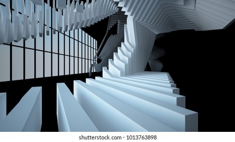 Abstract white and black parametric interior with window. 3D illustration and rendering.