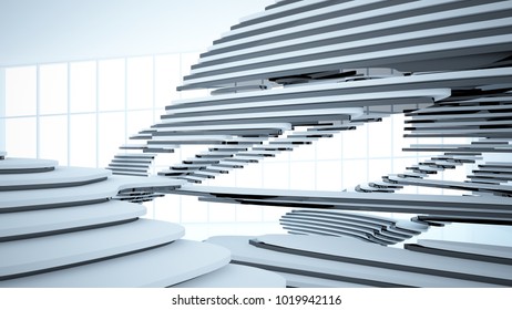 Abstract white and black parametric interior with window. 3D illustration and rendering.