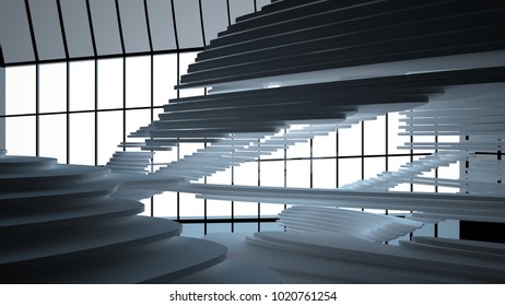 Abstract white and black parametric interior with window. 3D illustration and rendering.