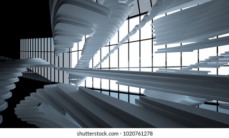 Abstract white and black parametric interior with window. 3D illustration and rendering.