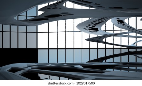 Abstract white and black parametric interior with window. 3D illustration and rendering.