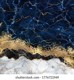 abstract white blue marble background with golden veins, fake stone texture, liquid paint, gold foil and glitter decor, painted artificial marbled surface, fashion marbling illustration
