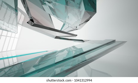 Abstract white and colored gradient glasses interior multilevel public space with window. 3D illustration and rendering.