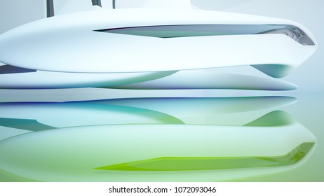 Abstract white and colored gradient glasses interior multilevel public space with window. 3D illustration and rendering.