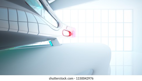 Abstract white and colored gradient glasses interior multilevel public space with window. 3D illustration and rendering.