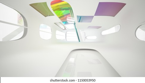 Abstract white and colored gradient glasses interior multilevel public space with window. 3D illustration and rendering.