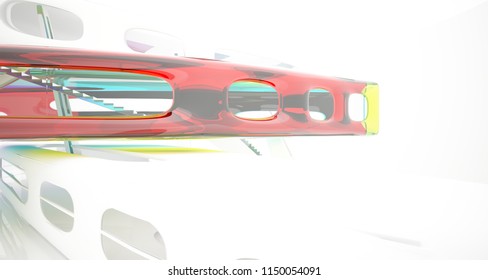 Abstract white and colored gradient glasses interior multilevel public space with window. 3D illustration and rendering.