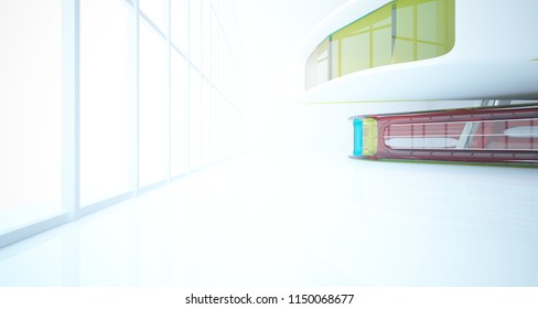 Abstract white and colored gradient glasses interior multilevel public space with window. 3D illustration and rendering.