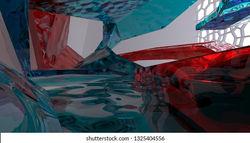 Abstract white and colored gradient glasses interior multilevel public space with window. 3D illustration and rendering.
