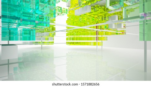 Abstract white and colored gradient glasses interior from array cubes with large window. 3D illustration and rendering.