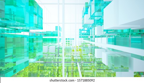 Abstract White And Colored Gradient Glasses Interior From Array Cubes With Large Window. 3D Illustration And Rendering.