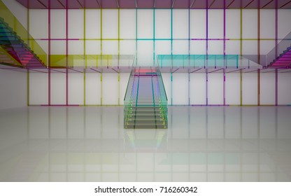Abstract white and colored gradient glasses interior multilevel public space with window. 3D illustration and rendering.