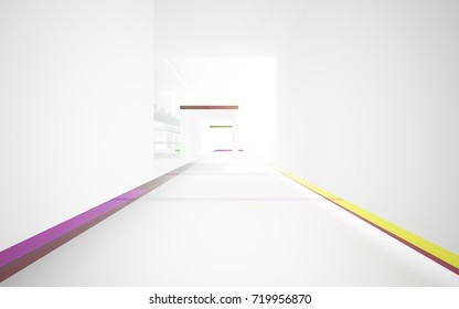 Abstract white and colored gradient glasses interior multilevel public space with window. 3D illustration and rendering.