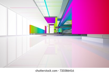 Abstract white and colored gradient glasses interior multilevel public space with window. 3D illustration and rendering.
