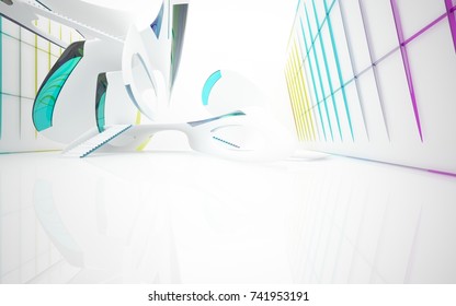 Abstract white and colored gradient glasses interior multilevel public space with window. 3D illustration and rendering.