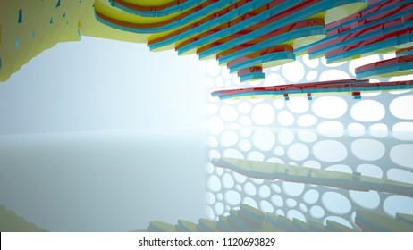 Abstract white and colored gradient  interior multilevel public space with window. 3D illustration and rendering.
