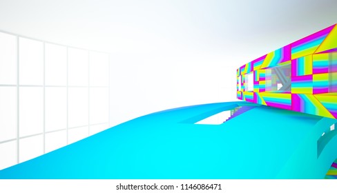 Abstract white and colored gradient  interior multilevel public space with window. 3D illustration and rendering.