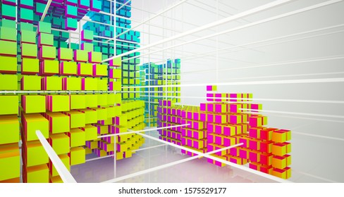 Abstract white and colored gradient  interior multilevel public space from array cubes with window. 3D illustration and rendering.