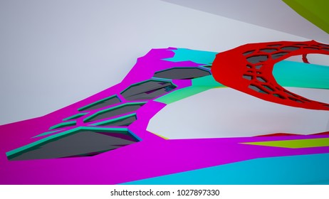 Abstract white and colored gradient parametric interiorwith window. 3D illustration and rendering.