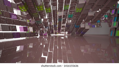 Abstract white and colored interior multilevel public space with window. 3D illustration and rendering.