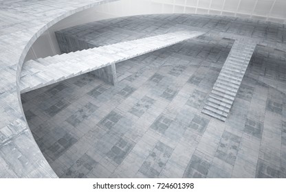 Abstract white and concrete interior multilevel public space with window. 3D illustration and rendering.
