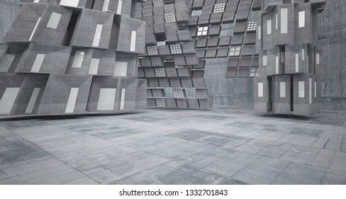 Abstract white and concrete parametric interior  with window. 3D illustration and rendering.