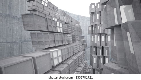Abstract white and concrete parametric interior  with window. 3D illustration and rendering.