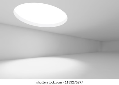 Abstract White Empty Interior Background, Wide Showroom With Round Ceiling Light Window. 3d Render Illustration