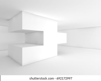 Abstract white empty interior with geometric installation object. 3d render illustration