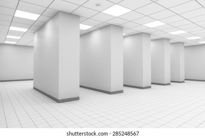 Abstract white empty office room interior with columns in a row, ceiling lights and square floor tiling, 3d illustration