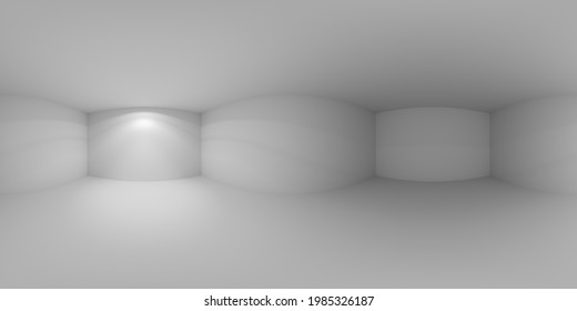 Abstract white empty room with wall lamp light on the wall, floor and ceiling without any textures, colorless 360 degrees spherical panorama background, HDRI environment map, 3d illustration