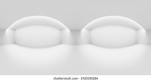Abstract white empty room with white walls, floor and ceiling and with lights in ceiling HDRI environment map, white colorless 360 degrees spherical panorama background, 3D illustration