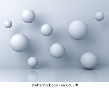 Abstract white flying 3d spheres on white background with reflection and shadows. 3D rendering.