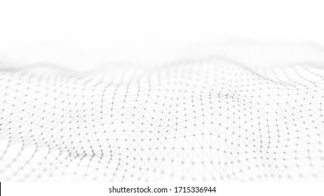 Abstract White Futuristic Background. Big Data Visualization. Digital Dynamic Wave Of Particles. 3D Rendering.