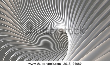 Abstract white gray background,  wavy stripes pattern, interesting spiral architectural minimal wallpaper, 3D render illustration.