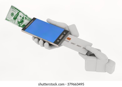 abstract white hands holding a cell phone, credit cards and money, object closeup 3d illustration isolated on white background - Powered by Shutterstock