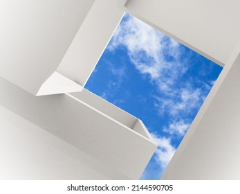 Abstract White Interior Background With Blue Sky. Minimal Architecture Backdrop, 3d Rendering Illustration