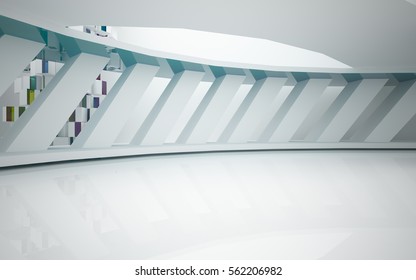 Abstract white interior with colored gradient glossy lines. 3D illustration and rendering