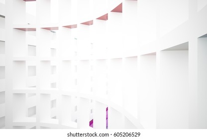 Abstract white interior with colored gradient glossy lines and floor. 3D illustration and rendering