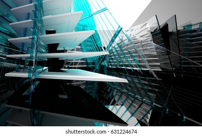 Abstract white interior of the future, with glossy black wall and floor. 3D illustration and rendering