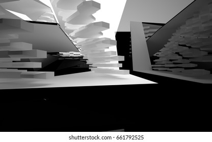 Abstract white interior of the future, with glossy black wall and floor. 3D illustration and rendering
