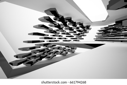Abstract white interior of the future, with glossy black sculpture. 3D illustration and rendering