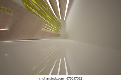 Abstract white interior of the future, with green glass, wood and neon lighting. 3D illustration and rendering