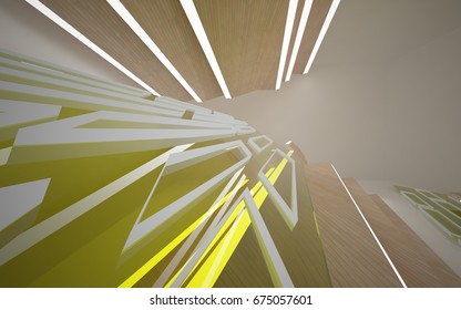 Abstract white interior of the future, with green glass, wood and neon lighting. 3D illustration and rendering