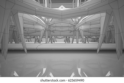 Abstract white interior highlights future. Polygon drawing . Architectural background. 3D illustration and rendering