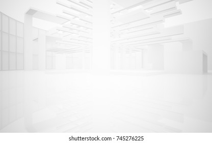 Abstract White Interior Multilevel Public Space With Window. 3D Illustration And Rendering.